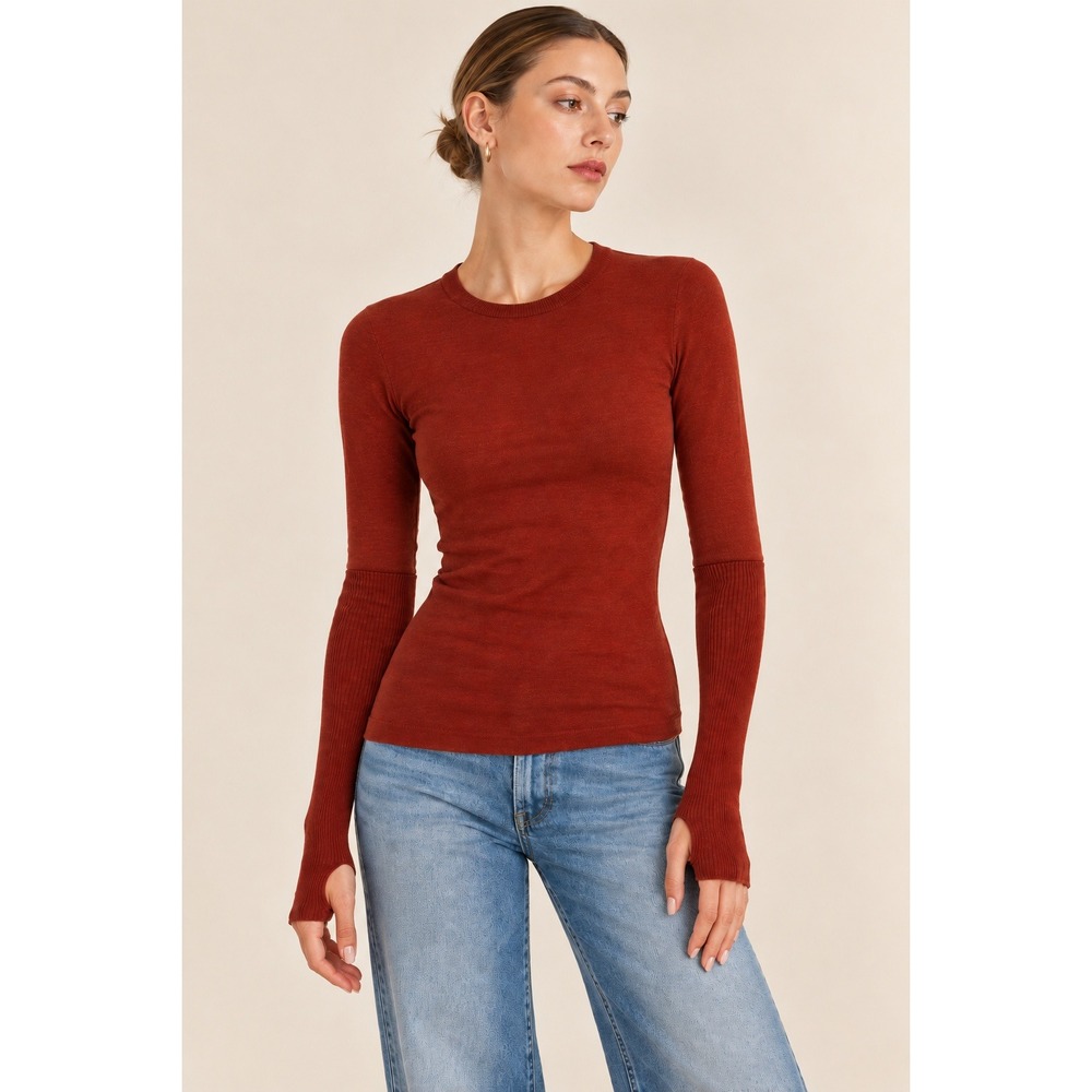 NWT Enza Costa Cashmere Fitted Crew Top XS Burgundy Long Sleeve Quiet Luxury